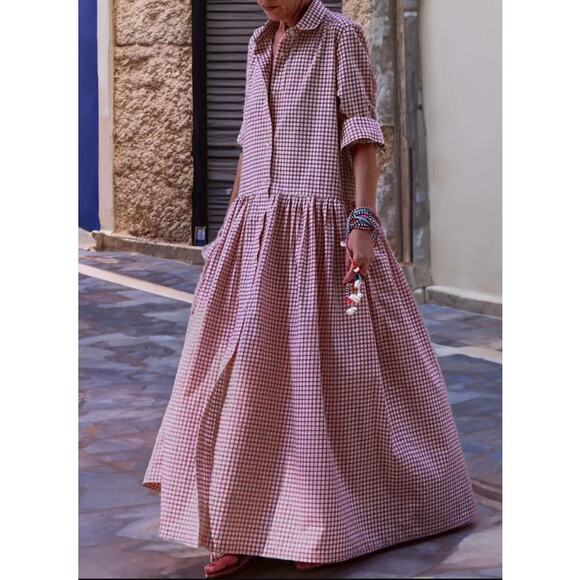 Cozinen Dresses & Skirts - Cozinen Plaid Long Sleeve Patchwork Shirt Dress Button Up Red White Womens M